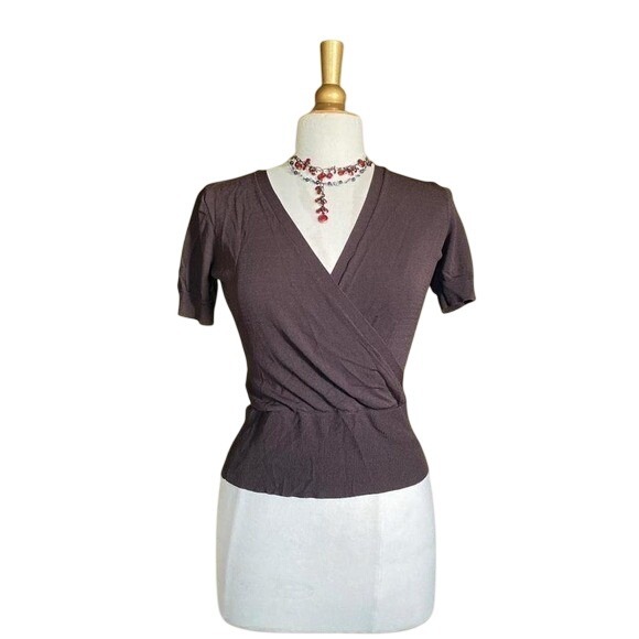 New York & Company Tops - New York & Company Vintage 90s Y2K Brown Short Sleeve Wrap Sweater Top V-Neck XS